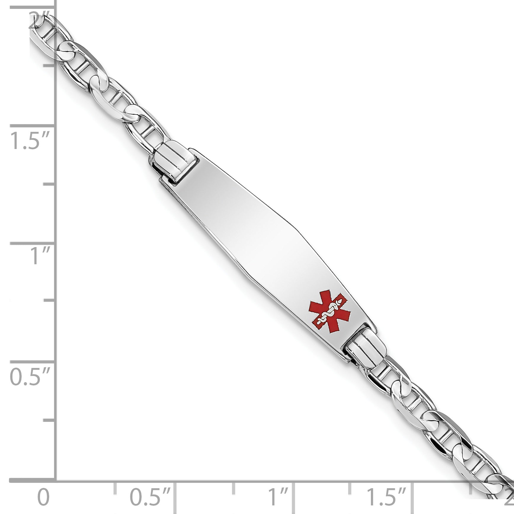 14K White Gold Medical Solid Chain/Solid Plate 26x7mm Soft Diamond Shape Off-Center Red Enamel Anchor Link 7 inch ID Bracelet