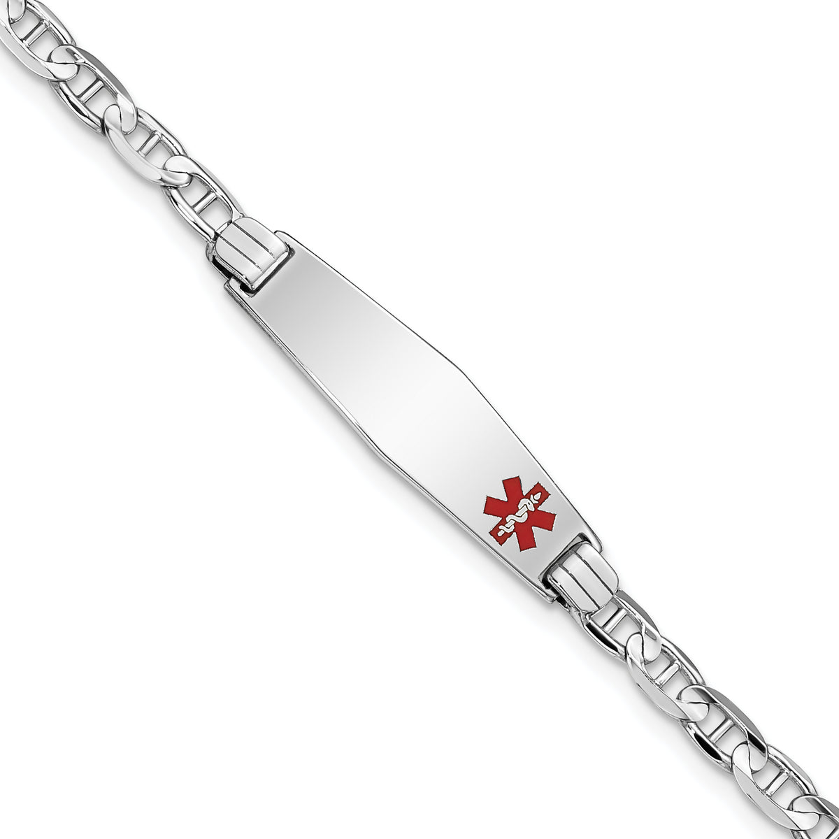 14K White Gold Medical Solid Chain/Solid Plate 26x7mm Soft Diamond Shape Off-Center Red Enamel Anchor Link 7 inch ID Bracelet