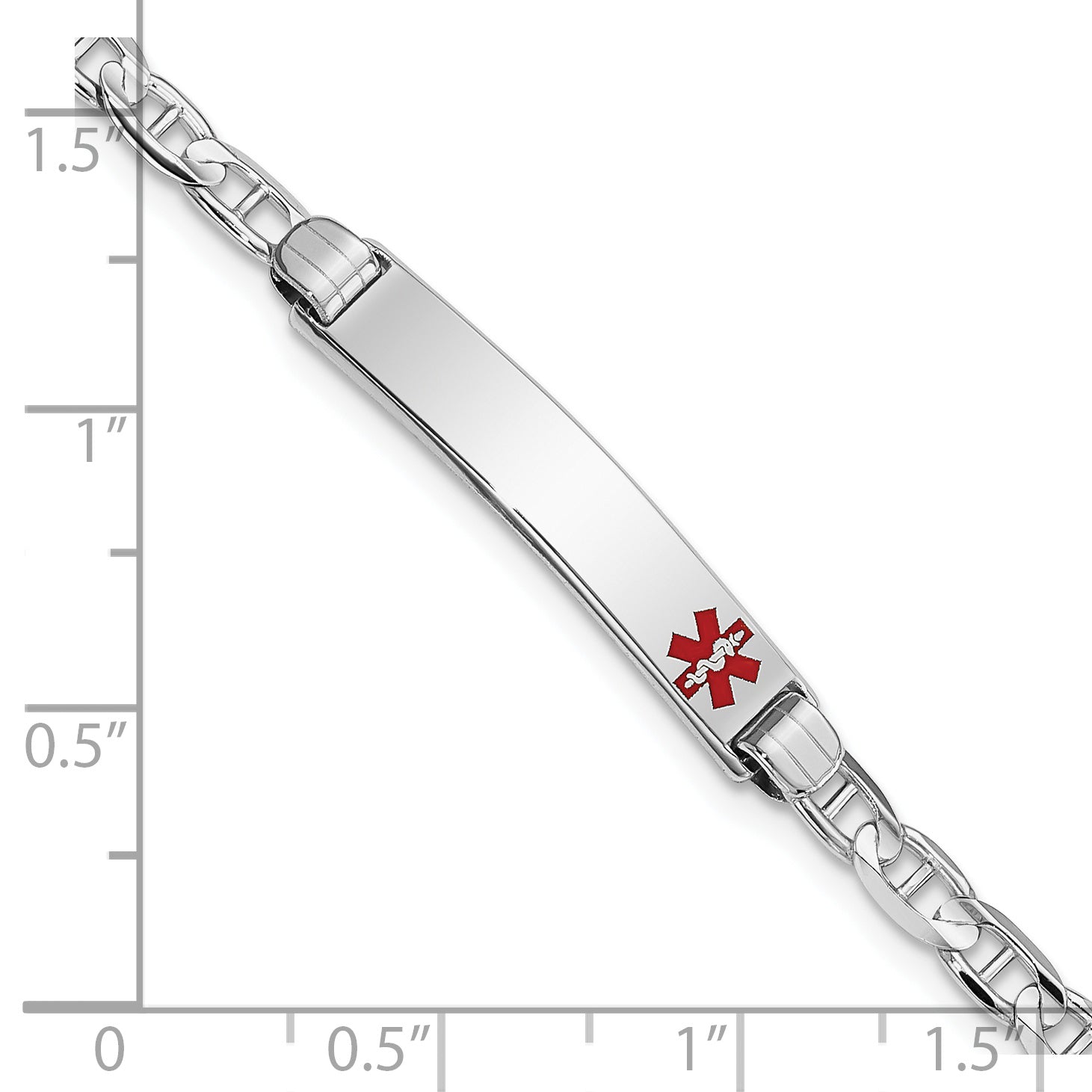 14K White Gold Medical Solid Chain/Solid Plate 26x5mm Off-Center Red Enamel Anchor Link 7 inch ID Bracelet