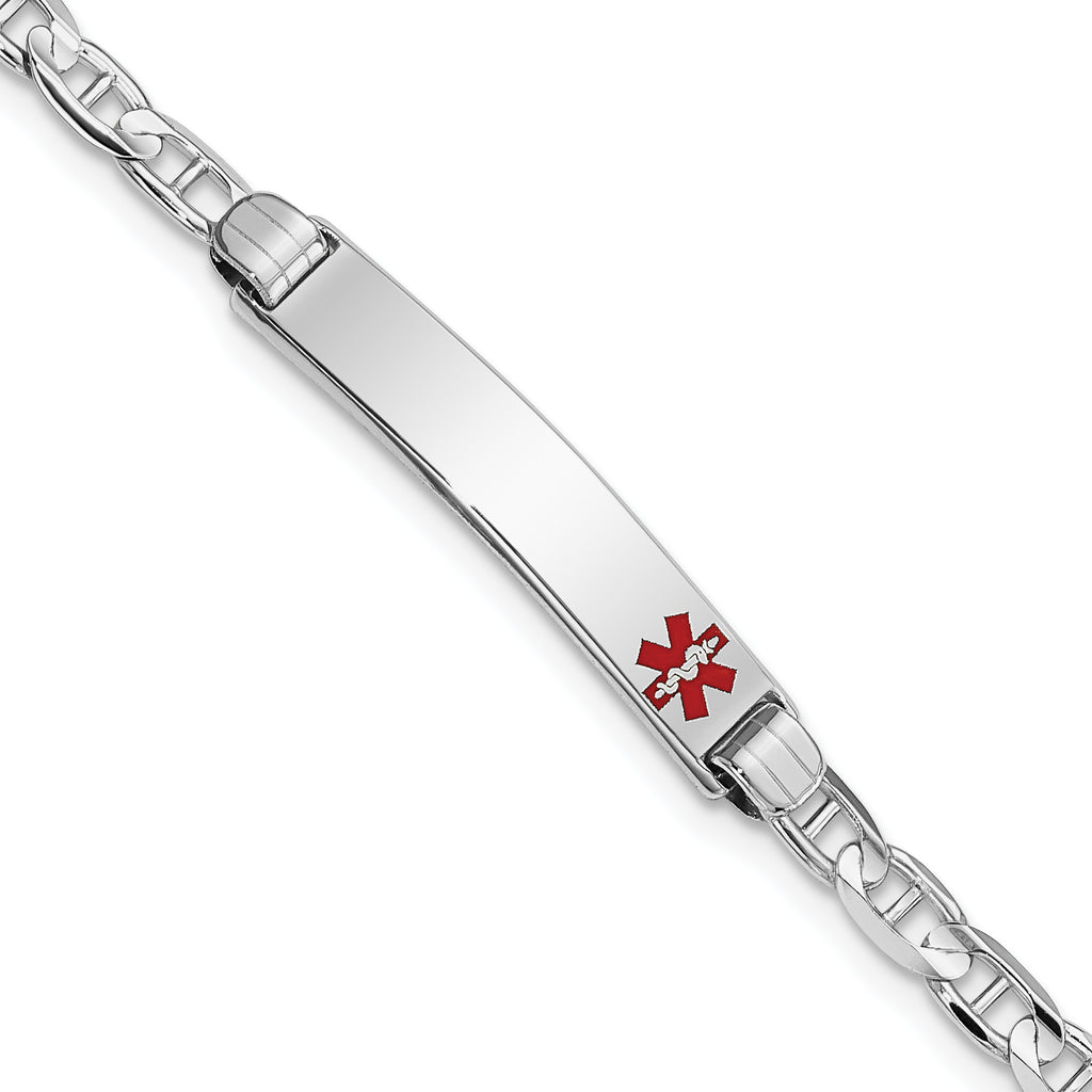 14K White Gold Medical Solid Chain/Solid Plate 26x5mm Off-Center Red Enamel Anchor Link 7 inch ID Bracelet
