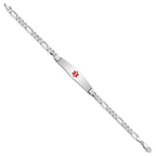 14K White Gold Medical Solid Chain/Solid Plate Soft Diamond Shape 36x9mm Centered Red Enamel Figaro Link 7 inch ID Bracelet