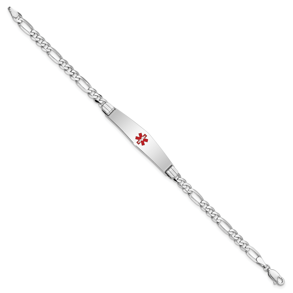 14K White Gold Medical Solid Chain/Solid Plate Soft Diamond Shape 36x9mm Centered Red Enamel Figaro Link 8 inch ID Bracelet