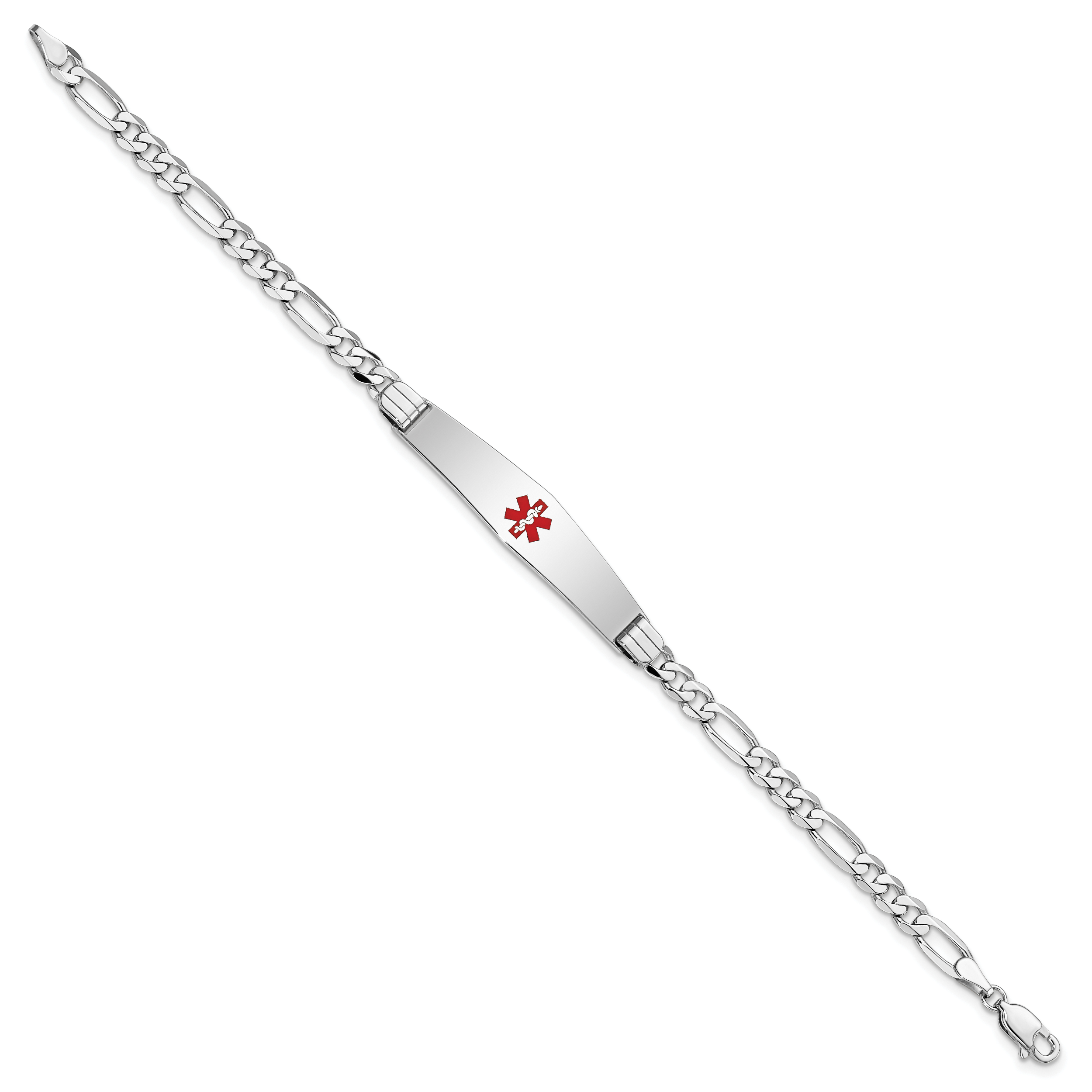 14K White Gold Medical Solid Chain/Solid Plate Soft Diamond Shape 36x9mm Centered Red Enamel Figaro Link 8 inch ID Bracelet