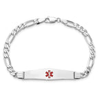 14K White Gold Medical Solid Chain/Solid Plate Soft Diamond Shape 36x9mm Centered Red Enamel Figaro Link 7 inch ID Bracelet