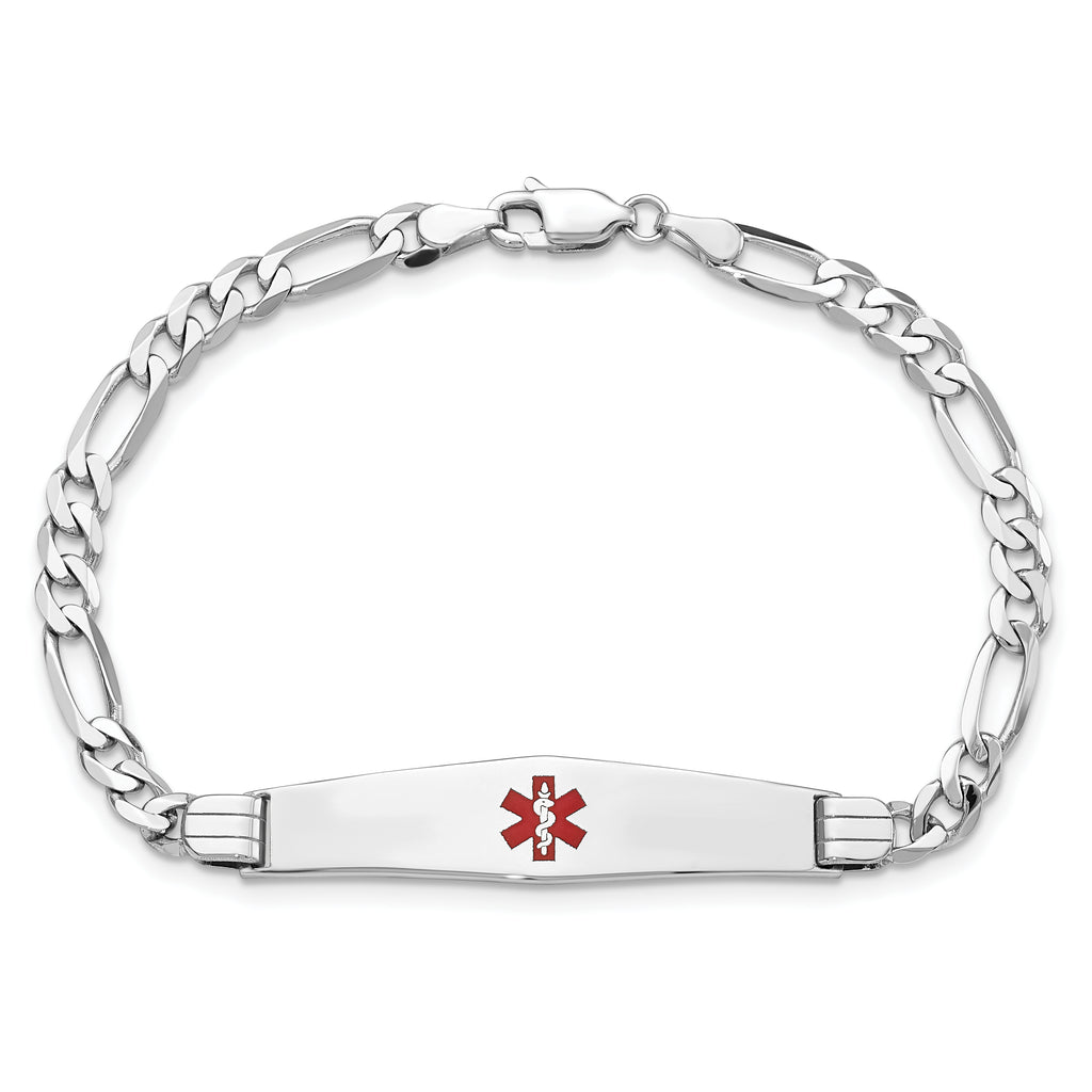 14K White Gold Medical Solid Chain/Solid Plate Soft Diamond Shape 36x9mm Centered Red Enamel Figaro Link 8 inch ID Bracelet