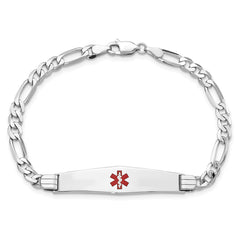 14K White Gold Medical Solid Chain/Solid Plate Soft Diamond Shape 36x9mm Centered Red Enamel Figaro Link 7 inch ID Bracelet