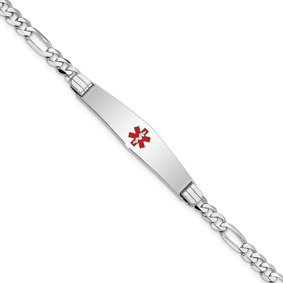 14K White Gold Medical Solid Chain/Solid Plate Soft Diamond Shape 36x9mm Centered Red Enamel Figaro Link 7 inch ID Bracelet