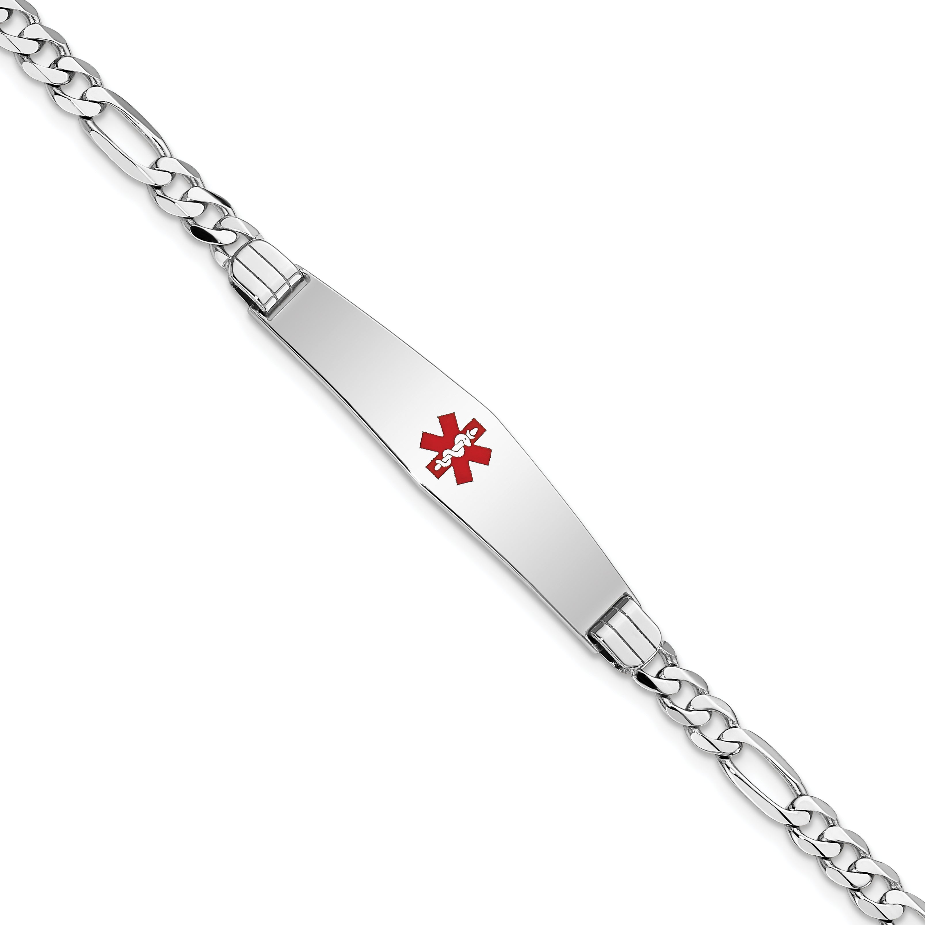 14K White Gold Medical Solid Chain/Solid Plate Soft Diamond Shape 36x9mm Centered Red Enamel Figaro Link 8 inch ID Bracelet Main image