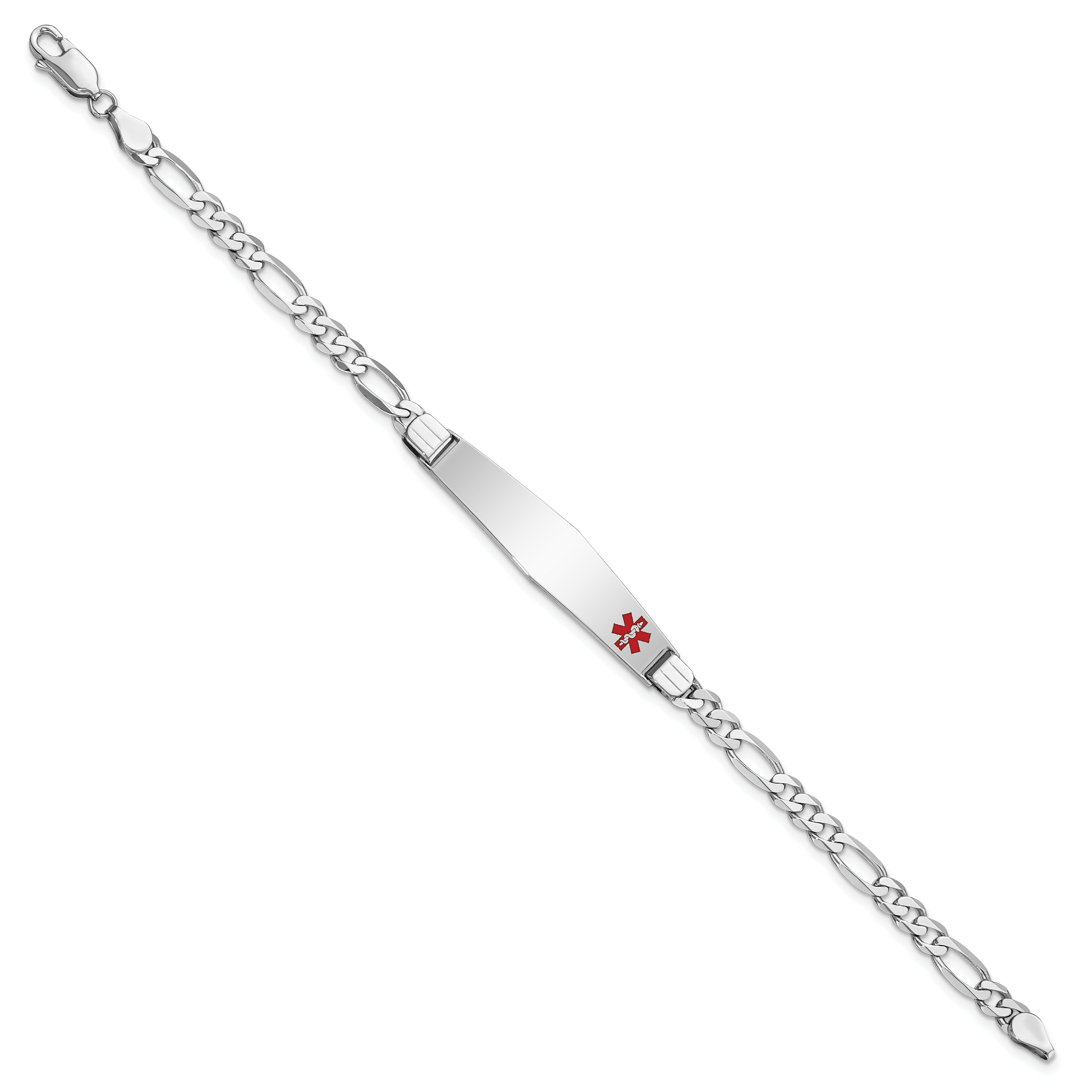 14K White Gold Medical Solid Chain/Solid Plate Soft Diamond Shape 37x9mm Off-Center Red Enamel Figaro Link 8 inch ID Bracelet Secondary image