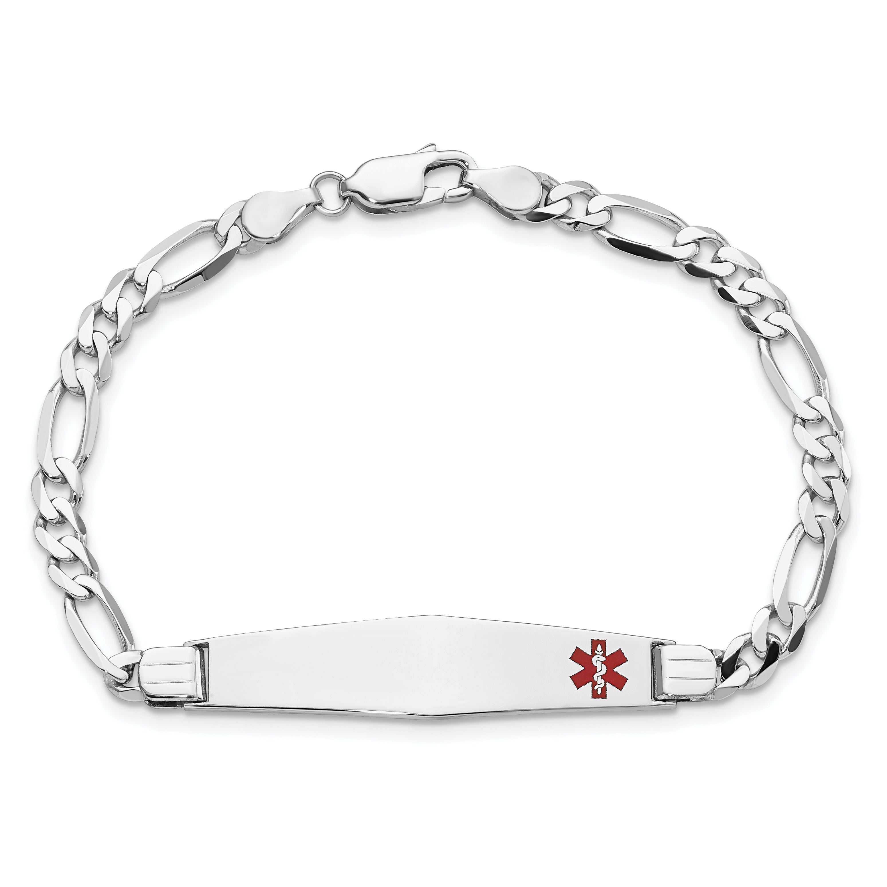 14K White Gold Medical Solid Chain/Solid Plate Soft Diamond Shape 37x9mm Off-Center Red Enamel Figaro Link 7 inch ID Bracelet