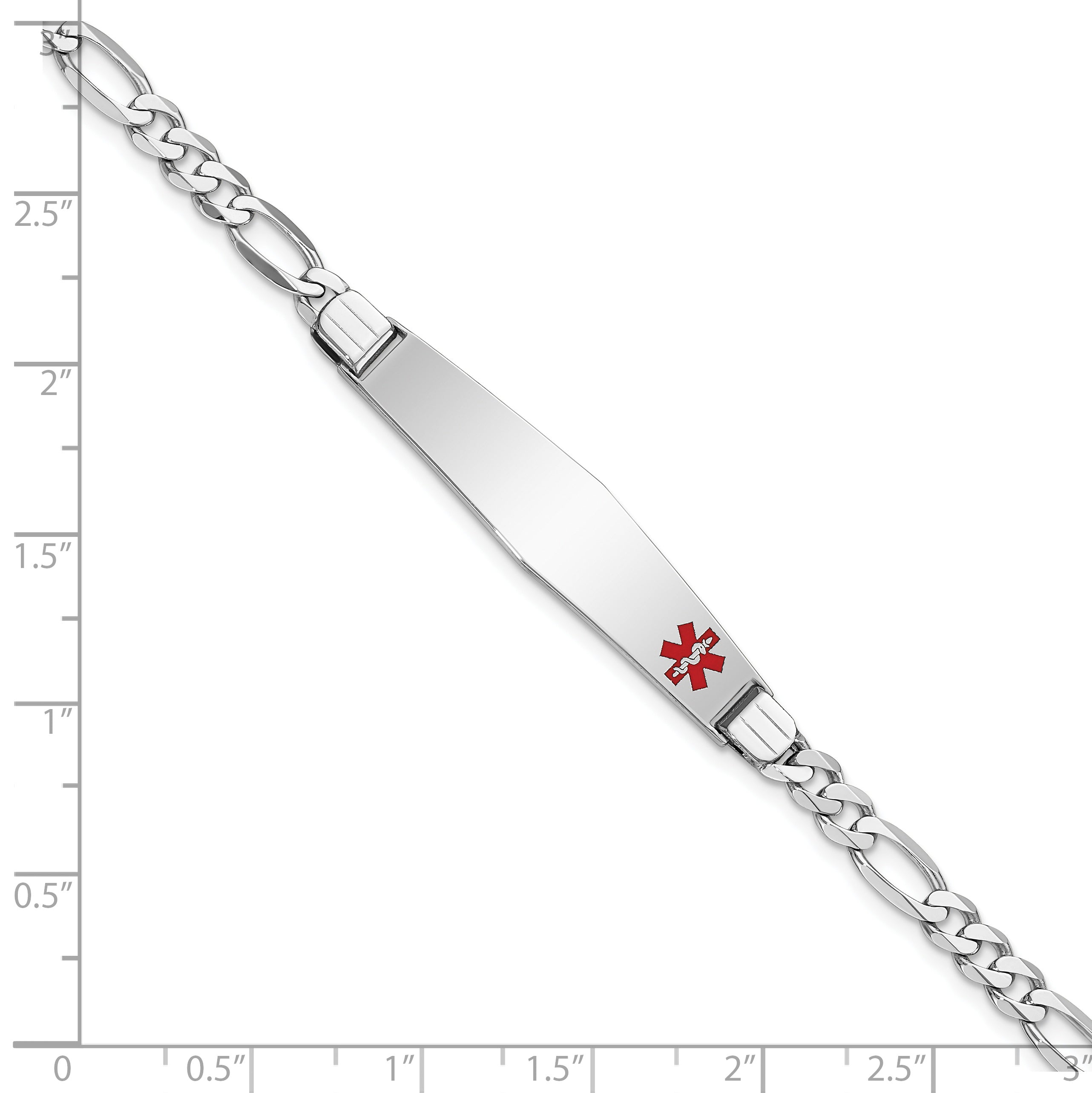 14K White Gold Medical Solid Chain/Solid Plate Soft Diamond Shape 37x9mm Off-Center Red Enamel Figaro Link 7 inch ID Bracelet