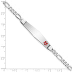 14K White Gold Medical Solid Chain/Solid Plate Soft Diamond Shape 37x9mm Off-Center Red Enamel Figaro Link 8 inch ID Bracelet