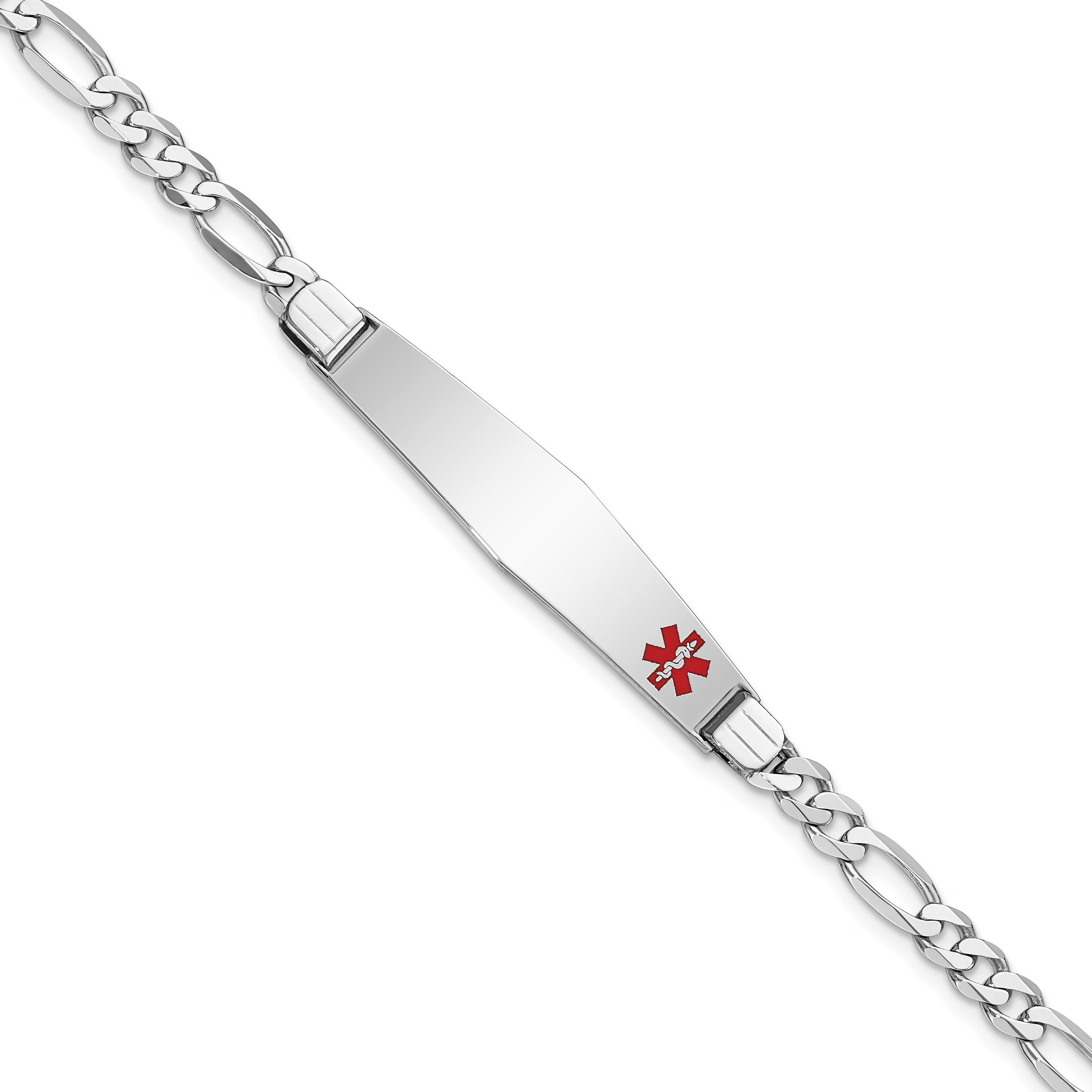 14K White Gold Medical Solid Chain/Solid Plate Soft Diamond Shape 37x9mm Off-Center Red Enamel Figaro Link 7 inch ID Bracelet