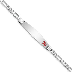 14K White Gold Medical Solid Chain/Solid Plate Soft Diamond Shape 37x9mm Off-Center Red Enamel Figaro Link 7 inch ID Bracelet