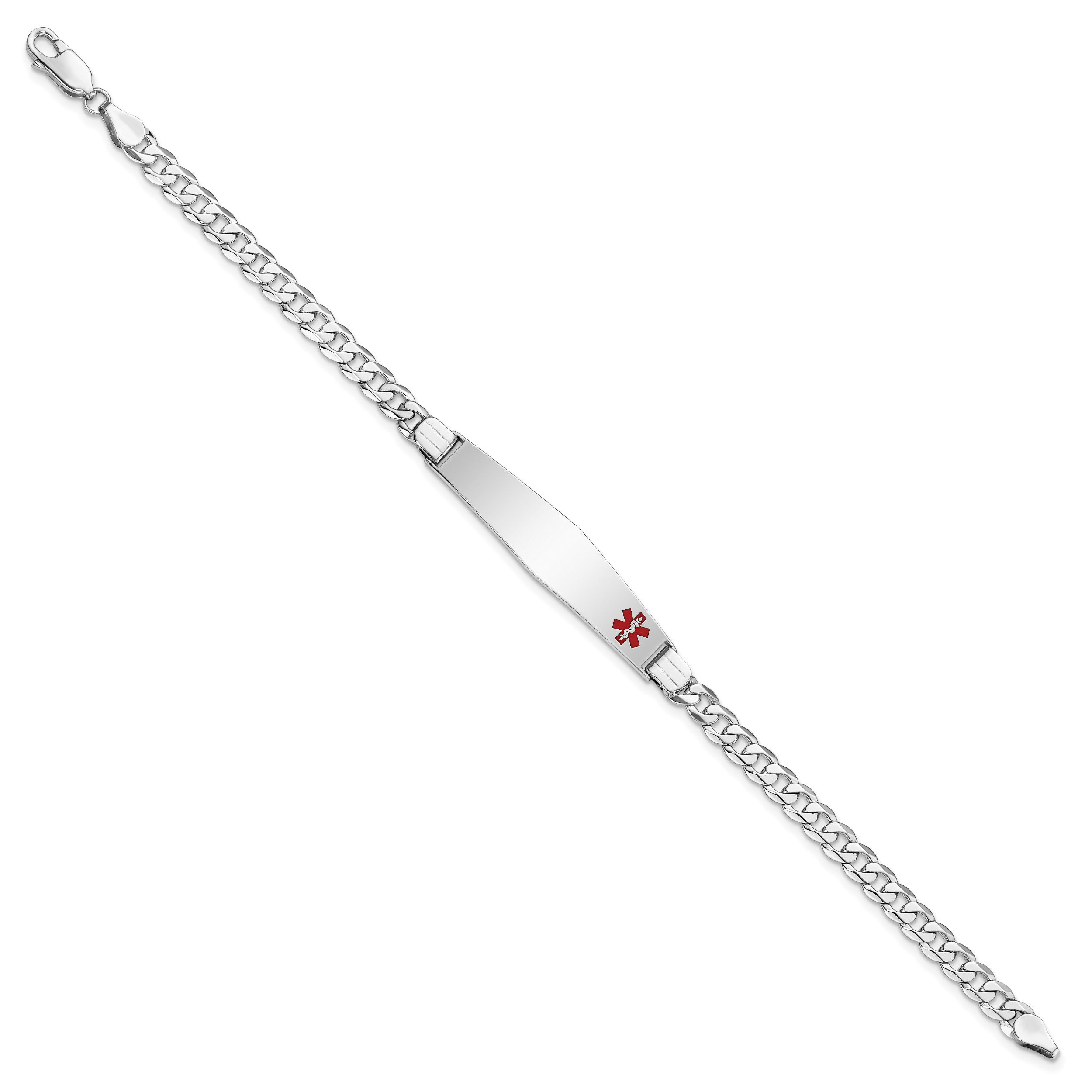 14K White Gold Medical Solid Chain/Solid Plate Soft Diamond Shape 37x9mm Off-Center Red Enamel Flat Curb Link 7 inch ID Bracelet
