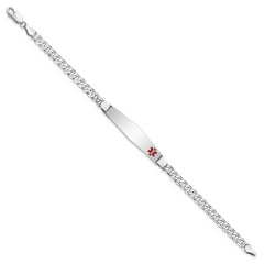 14K White Gold Medical Solid Chain/Solid Plate Soft Diamond Shape 37x9mm Off-Center Red Enamel Flat Curb Link 7 inch ID Bracelet