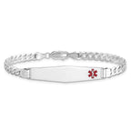 14K White Gold Medical Solid Chain/Solid Plate Soft Diamond Shape 37x9mm Off-Center Red Enamel Flat Curb Link 8 inch ID Brace