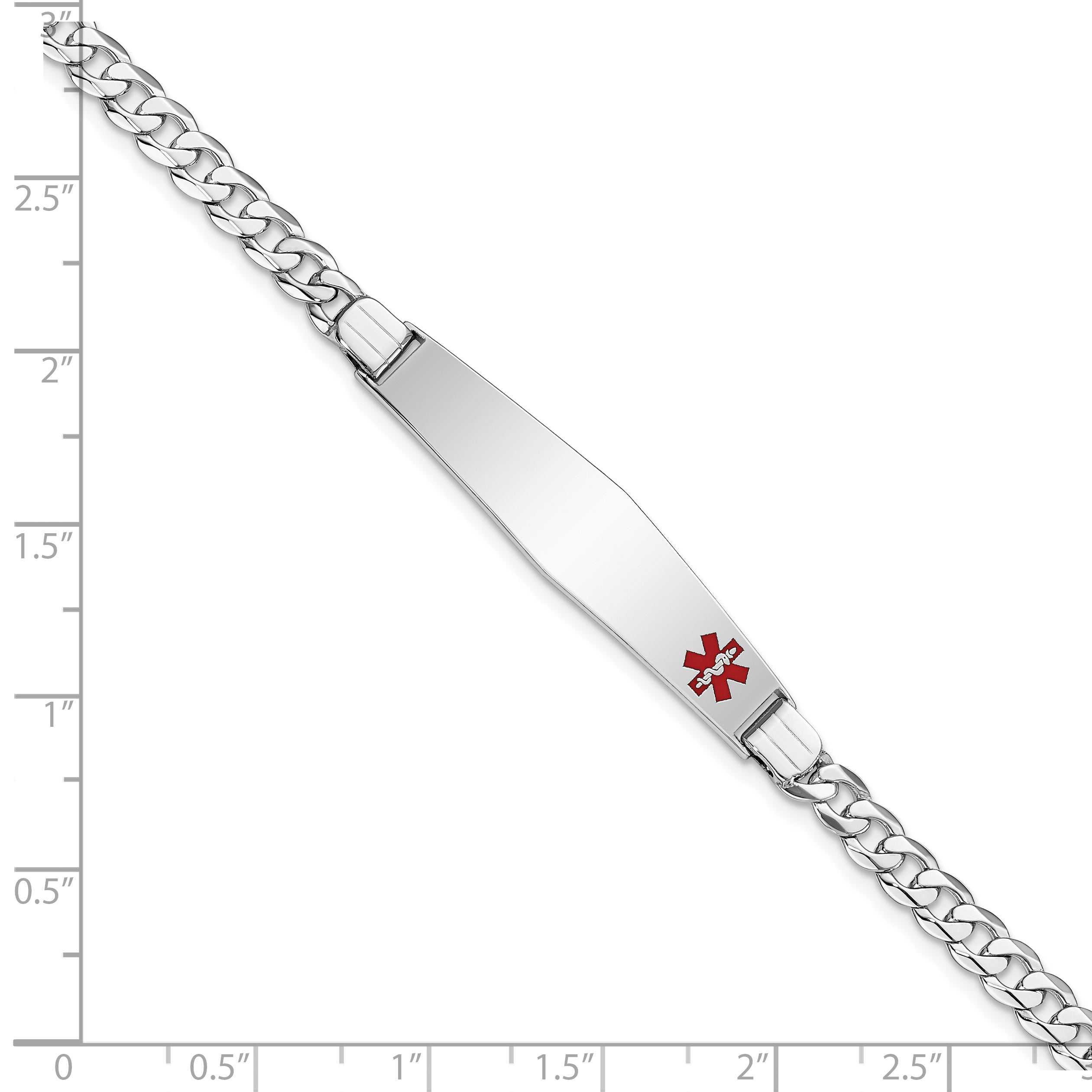 14K White Gold Medical Solid Chain/Solid Plate Soft Diamond Shape 37x9mm Off-Center Red Enamel Flat Curb Link 7 inch ID Bracelet