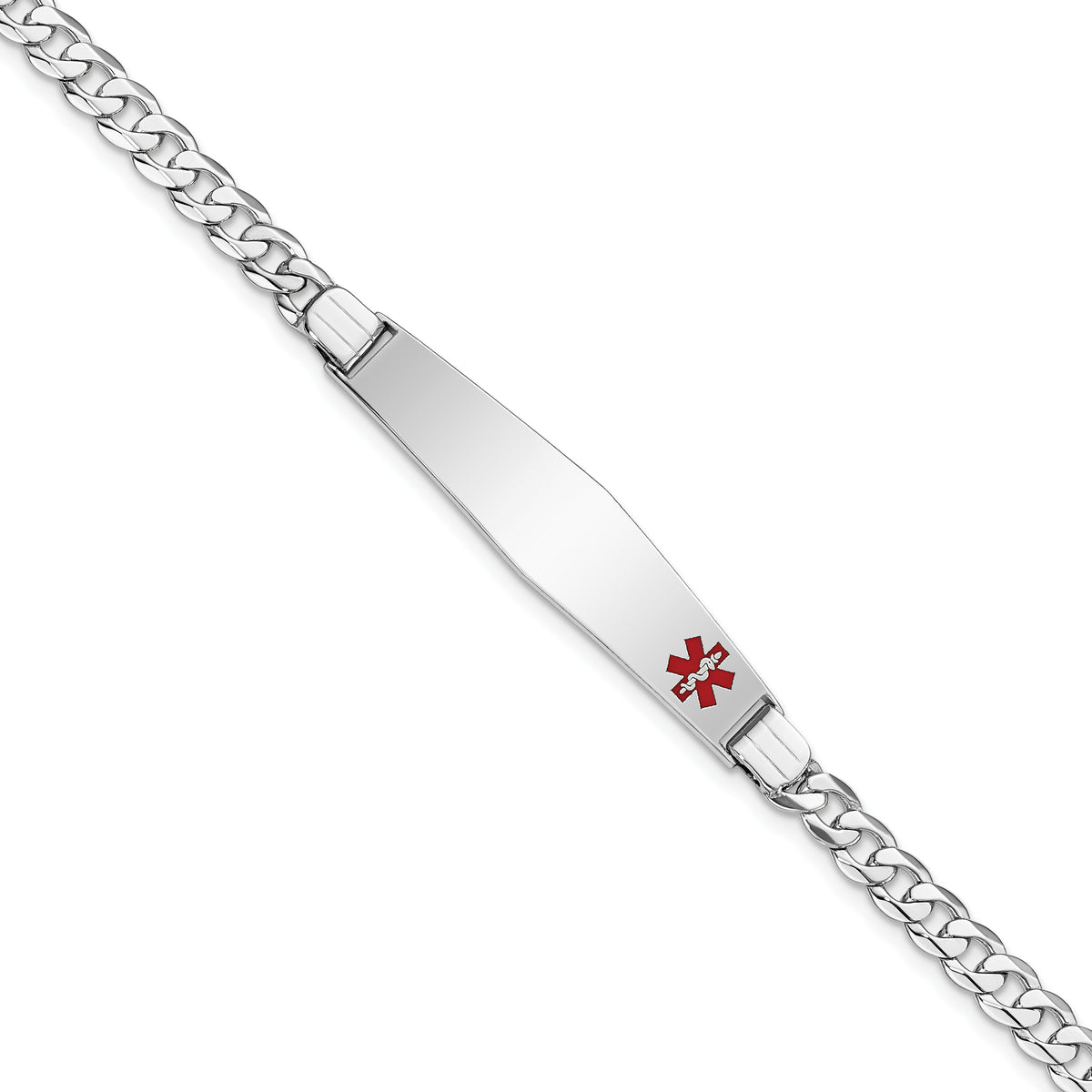 14K White Gold Medical Solid Chain/Solid Plate Soft Diamond Shape 37x9mm Off-Center Red Enamel Flat Curb Link 7 inch ID Bracelet