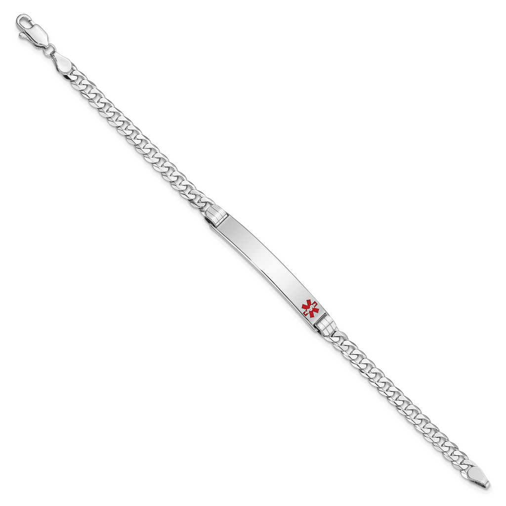 14K White Gold Medical Solid Chain/Solid Plate 37x6mm Off-Center Red Enamel Flat Curb Link 7 inch ID Bracelet