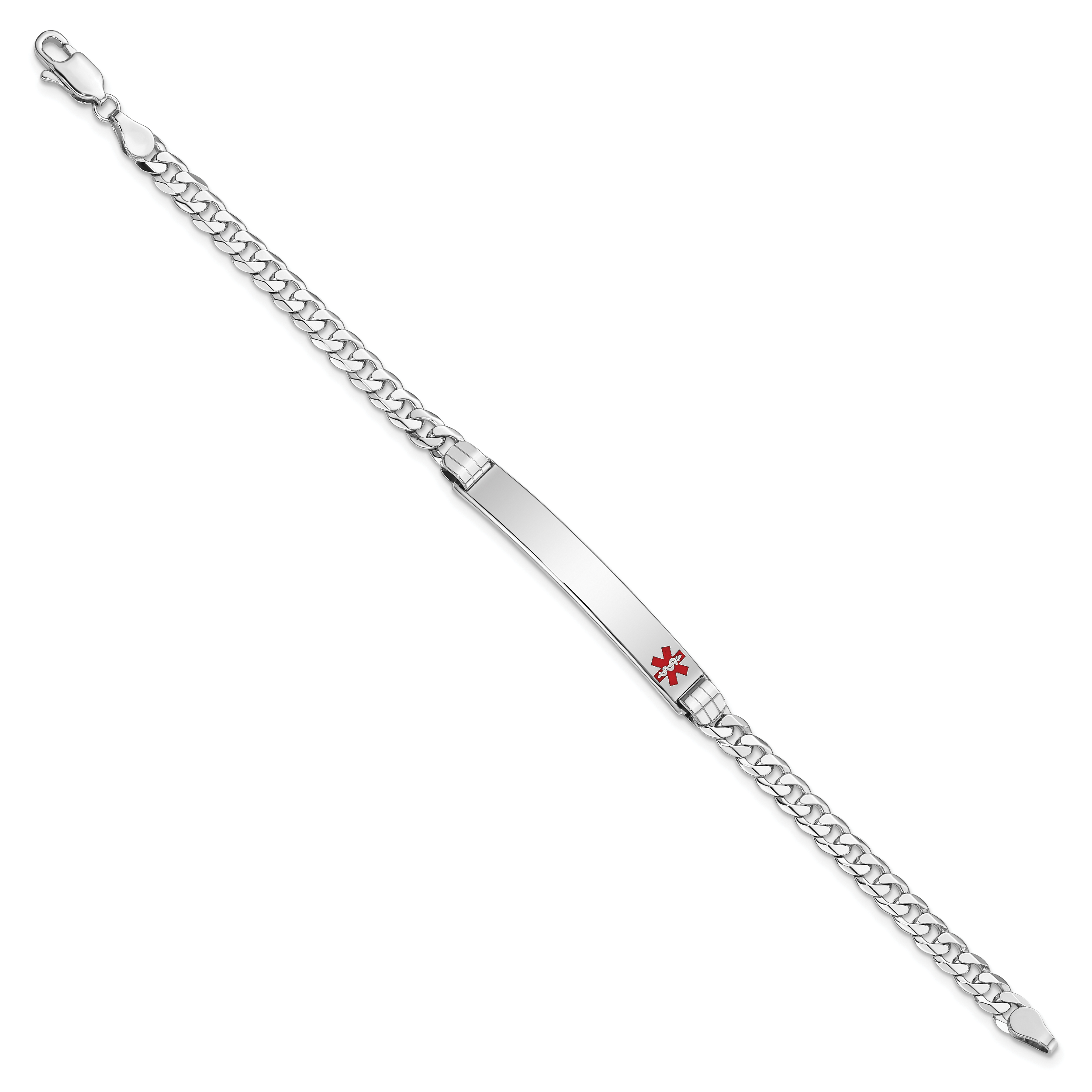 14K White Gold Medical Solid Chain/Solid Plate 37x6mm Off-Center Red Enamel Flat Curb Link 8 inch ID Bracelet Secondary image
