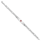 14K White Gold Medical Semi-Solid Chain/Solid Plate Soft Diamond Shape 37x9mm Centered Red Enamel Figaro Link 7 inch ID Bracelet