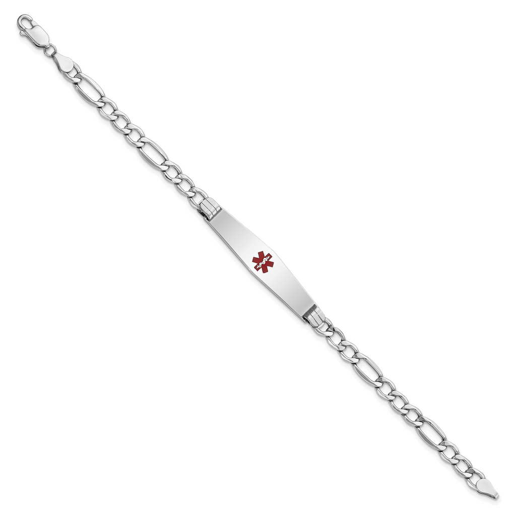 14K White Gold Medical Semi-Solid Chain/Solid Plate Soft Diamond Shape 37x9mm Centered Red Enamel Figaro Link 8 inch ID Brace