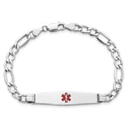 14K White Gold Medical Semi-Solid Chain/Solid Plate Soft Diamond Shape 37x9mm Centered Red Enamel Figaro Link 8 inch ID Brace