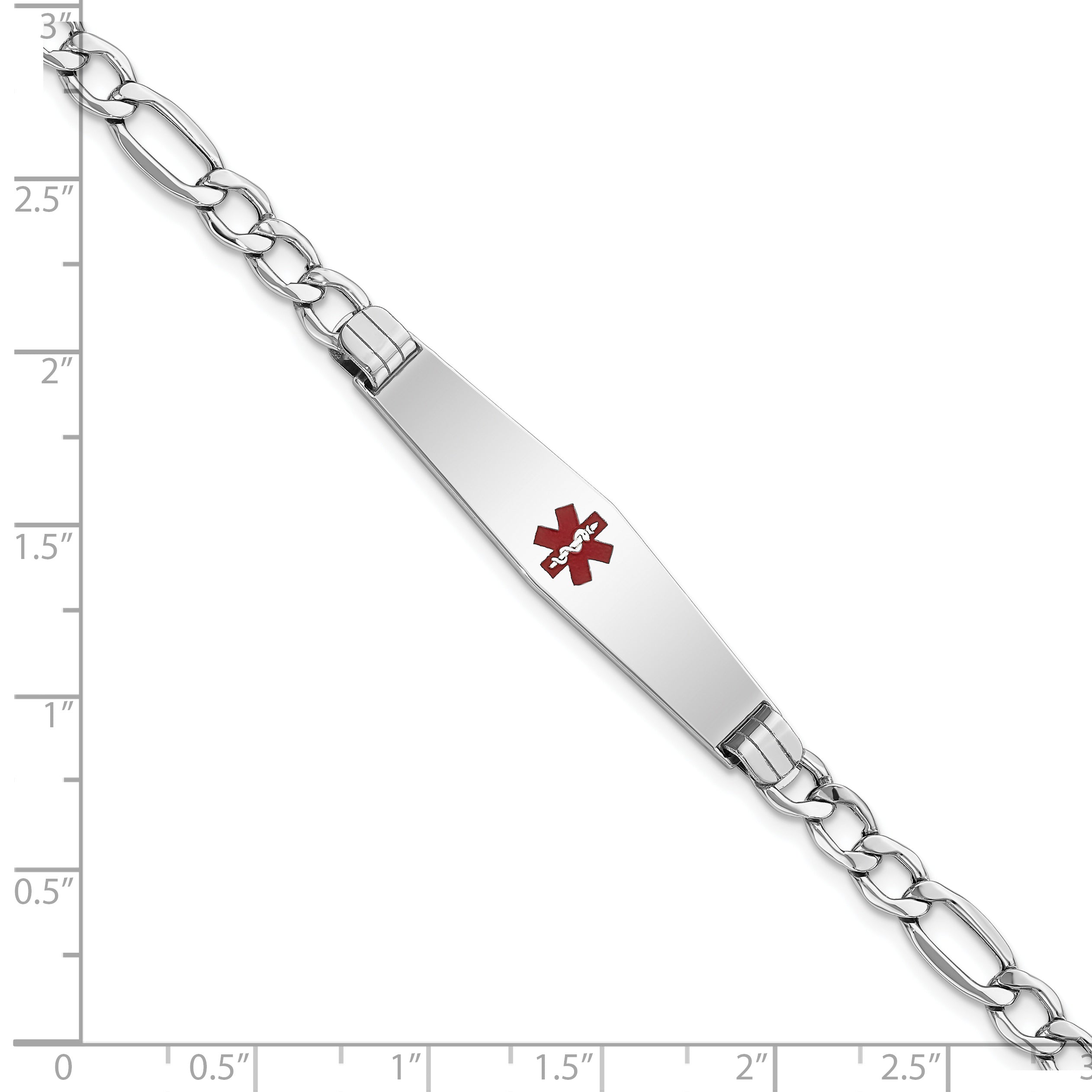 14K White Gold Medical Semi-Solid Chain/Solid Plate Soft Diamond Shape 37x9mm Centered Red Enamel Figaro Link 7 inch ID Bracelet