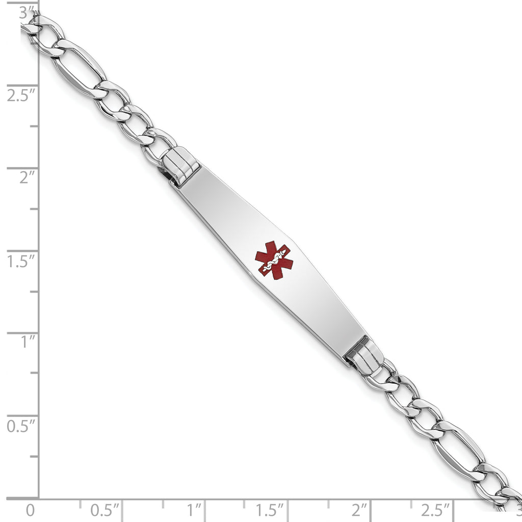 14K White Gold Medical Semi-Solid Chain/Solid Plate Soft Diamond Shape 37x9mm Centered Red Enamel Figaro Link 8 inch ID Brace