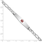 14K White Gold Medical Semi-Solid Chain/Solid Plate Soft Diamond Shape 37x9mm Centered Red Enamel Figaro Link 8 inch ID Brace