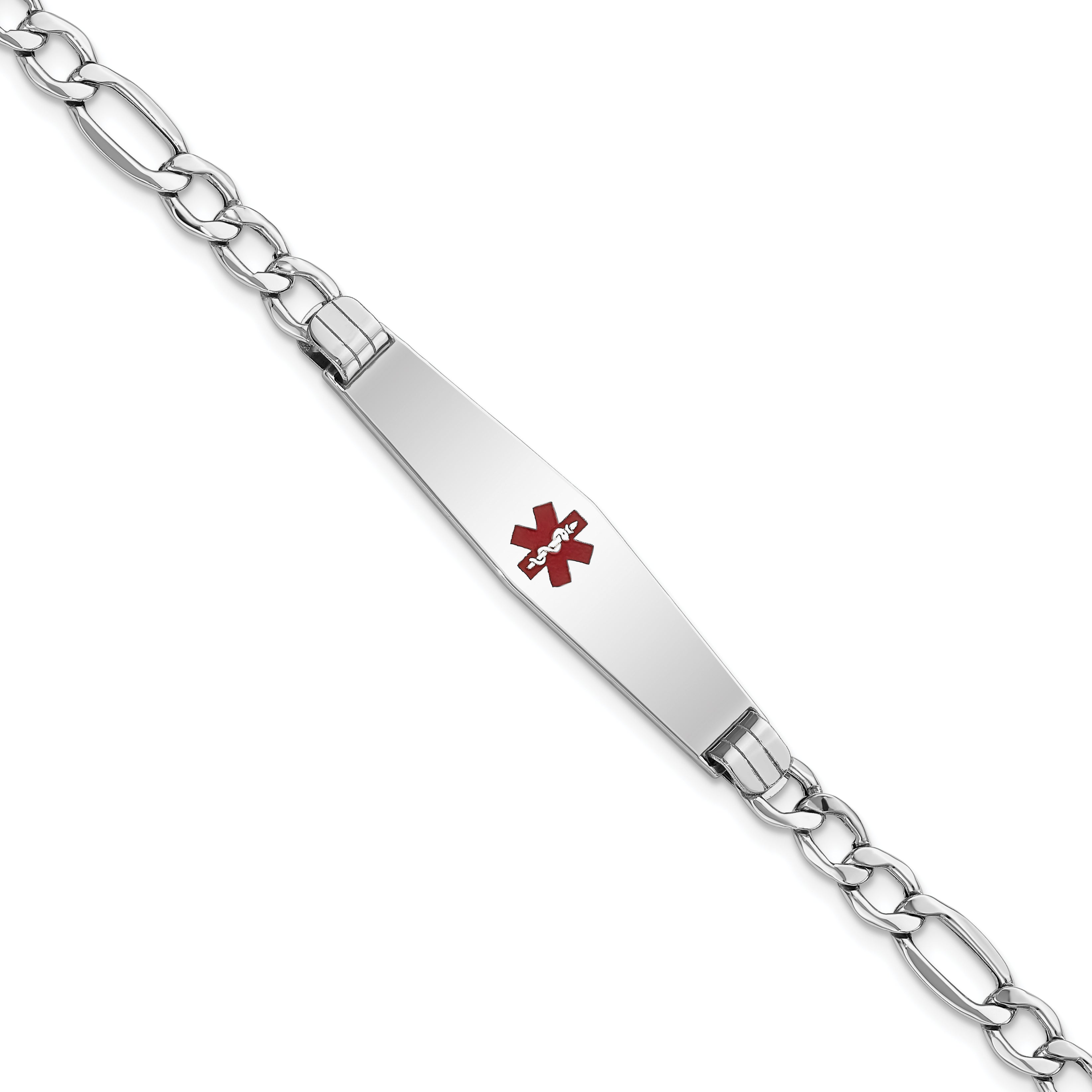 14K White Gold Medical Semi-Solid Chain/Solid Plate Soft Diamond Shape 37x9mm Centered Red Enamel Figaro Link 8 inch ID Brace Main image