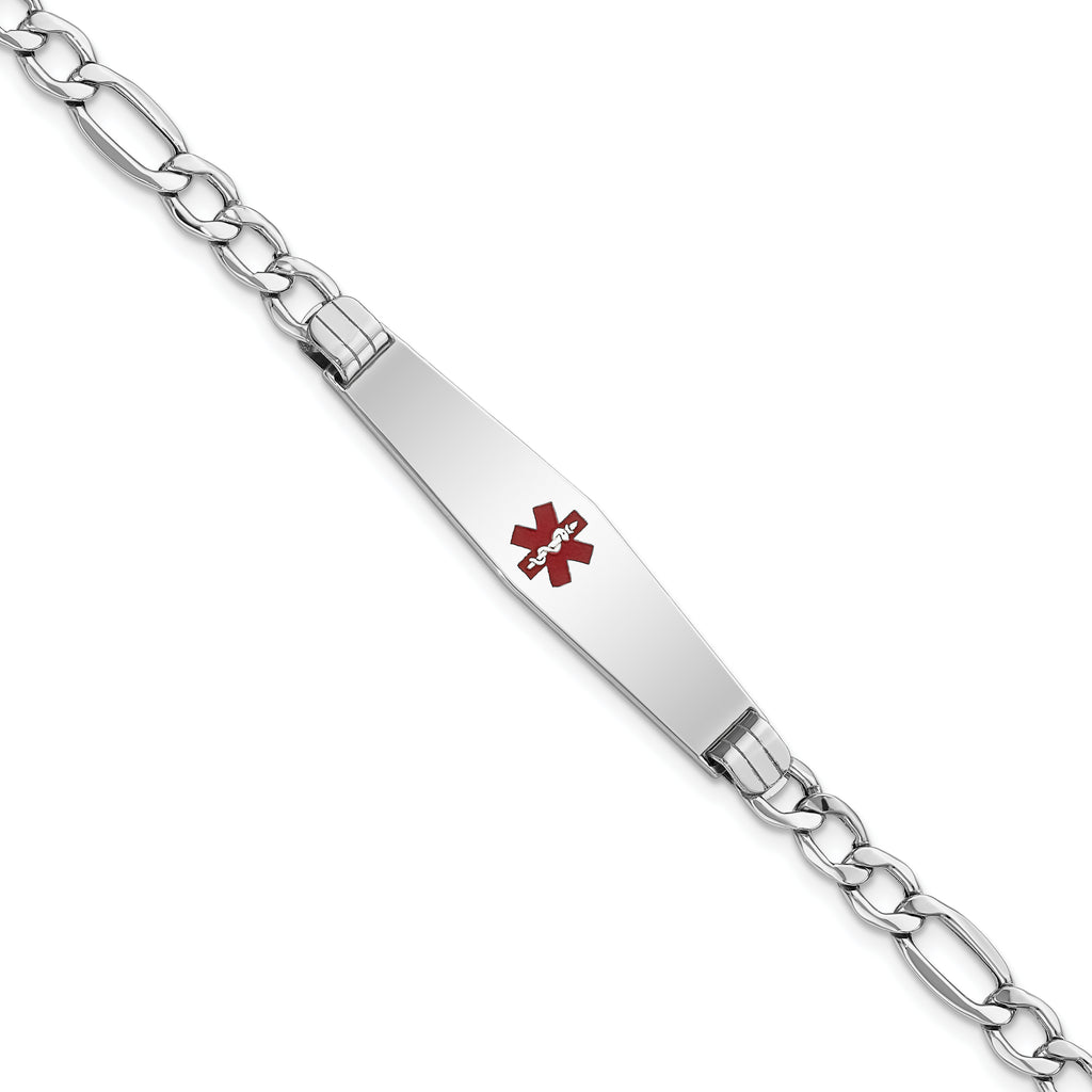 14K White Gold Medical Semi-Solid Chain/Solid Plate Soft Diamond Shape 37x9mm Centered Red Enamel Figaro Link 8 inch ID Brace