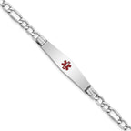 14K White Gold Medical Semi-Solid Chain/Solid Plate Soft Diamond Shape 37x9mm Centered Red Enamel Figaro Link 8 inch ID Brace