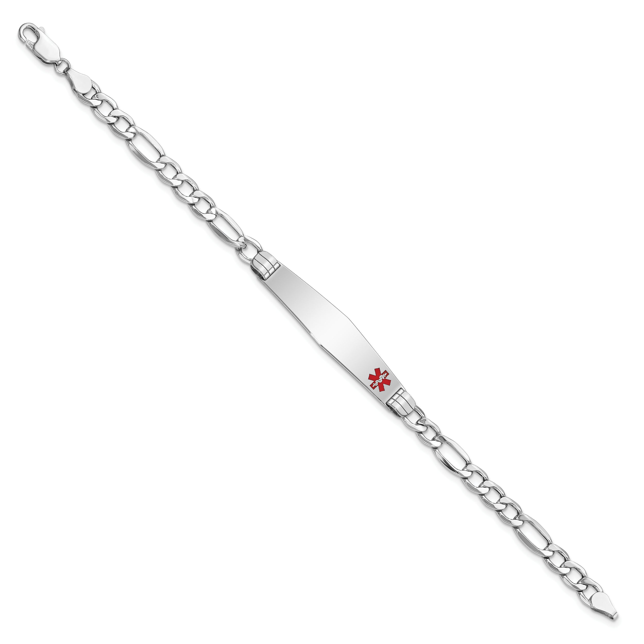14K White Gold Medical Semi-Solid Chain/Solid Plate Soft Diamond Shape 37x9mm Off-Center Red Enamel Figaro Link 7 inch ID Bracelet
