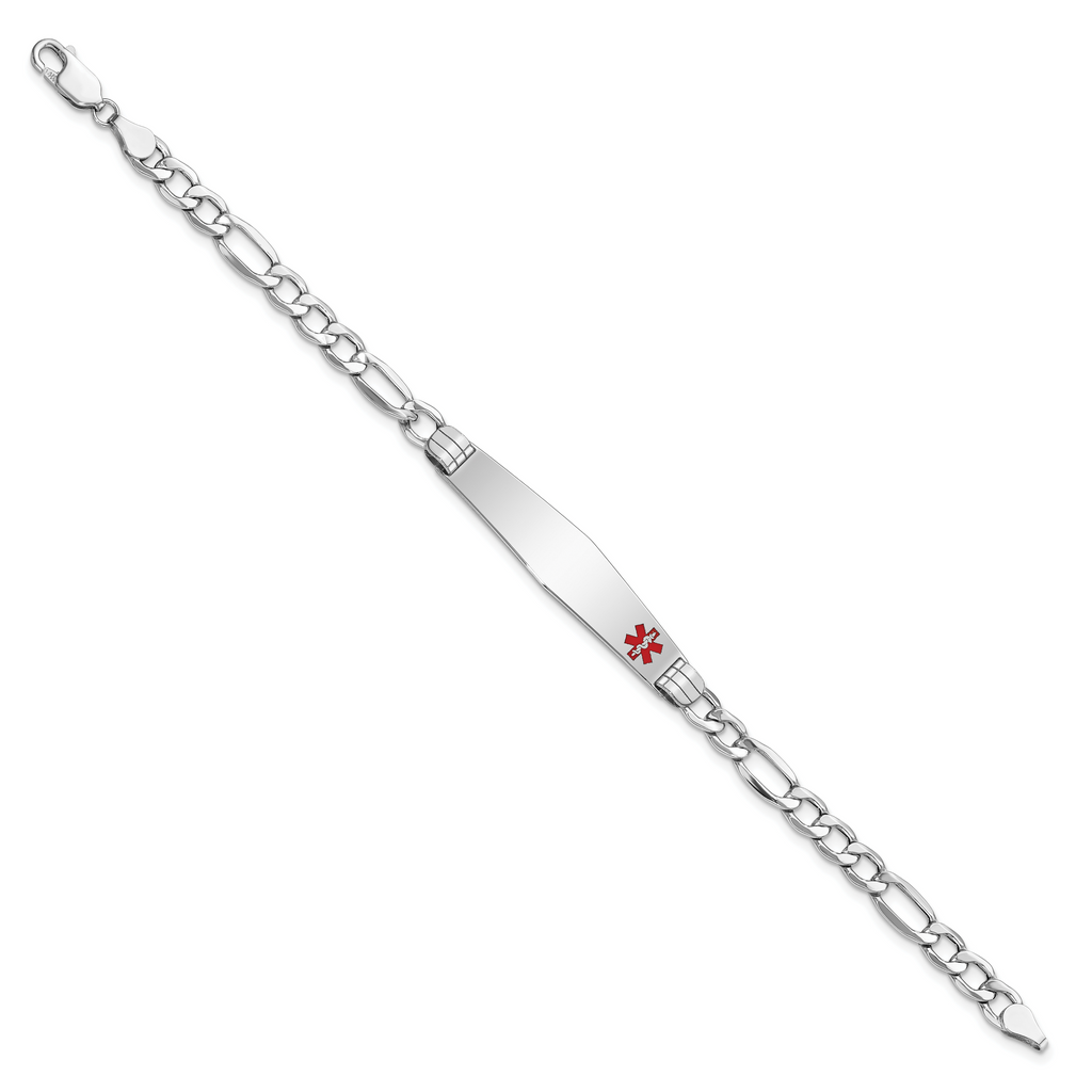 14K White Gold Medical Semi-Solid Chain/Solid Plate Soft Diamond Shape 37x9mm Off-Center Red Enamel Figaro Link 8 inch ID Bra