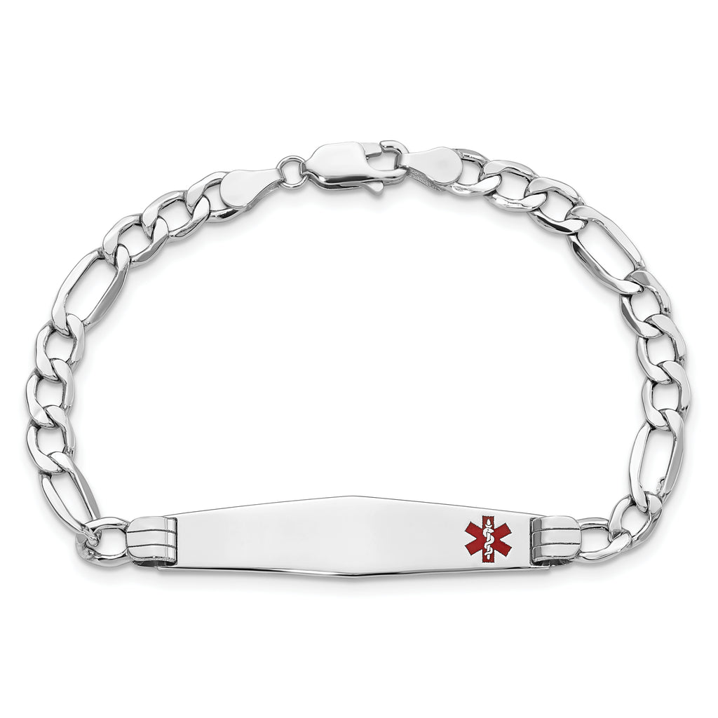 14K White Gold Medical Semi-Solid Chain/Solid Plate Soft Diamond Shape 37x9mm Off-Center Red Enamel Figaro Link 8 inch ID Bra