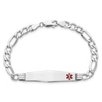 14K White Gold Medical Semi-Solid Chain/Solid Plate Soft Diamond Shape 37x9mm Off-Center Red Enamel Figaro Link 8 inch ID Bra
