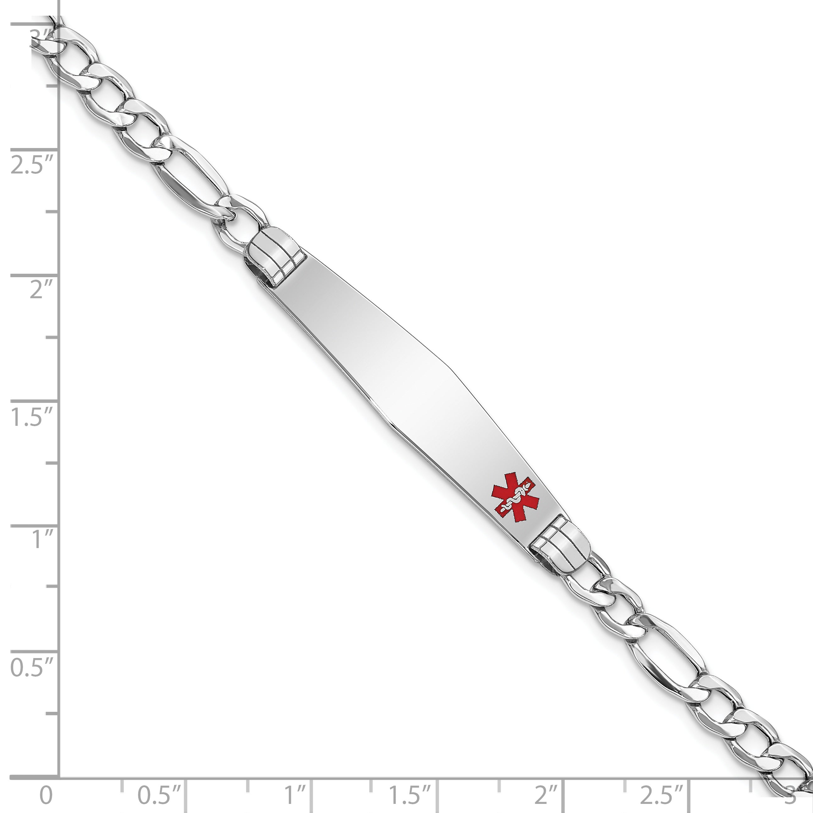 14K White Gold Medical Semi-Solid Chain/Solid Plate Soft Diamond Shape 37x9mm Off-Center Red Enamel Figaro Link 7 inch ID Bracelet
