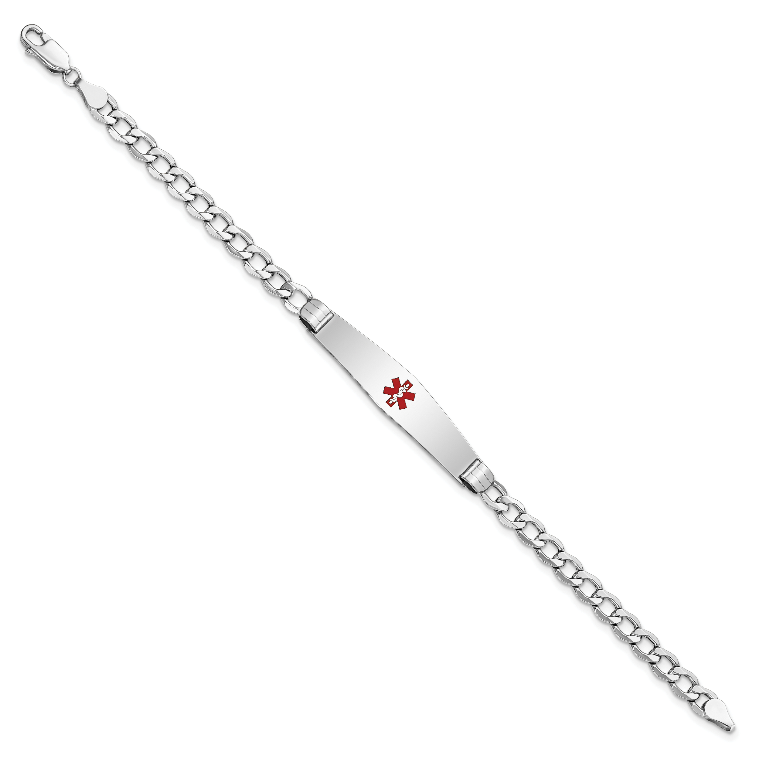14K White Gold Medical Semi-Solid Chain/Solid Plate Soft Diamond Shape 36x9mm Centered Red Enamel Curb Link 8 inch ID Bracelet Secondary image