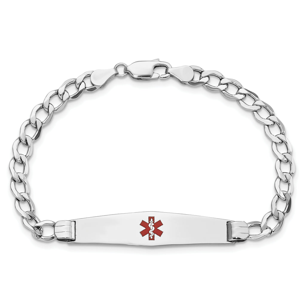 14K White Gold Medical Semi-Solid Chain/Solid Plate Soft Diamond Shape 36x9mm Centered Red Enamel Curb Link 8 inch ID Bracele