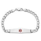 14K White Gold Medical Semi-Solid Chain/Solid Plate Soft Diamond Shape 36x9mm Centered Red Enamel Curb Link 8 inch ID Bracele