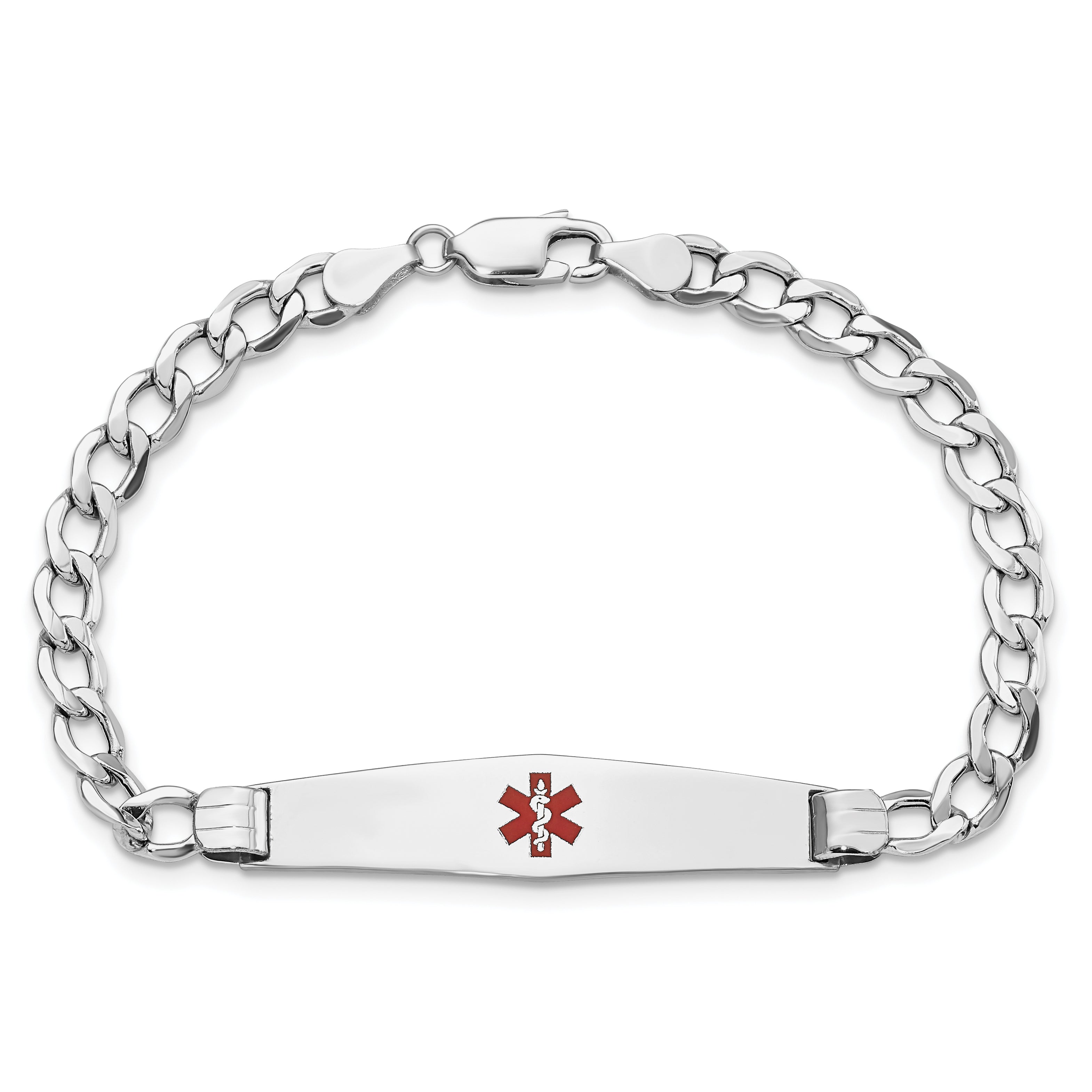 14K White Gold Medical Semi-Solid Chain/Solid Plate Soft Diamond Shape 36x9mm Centered Red Enamel Curb Link 8 inch ID Bracele