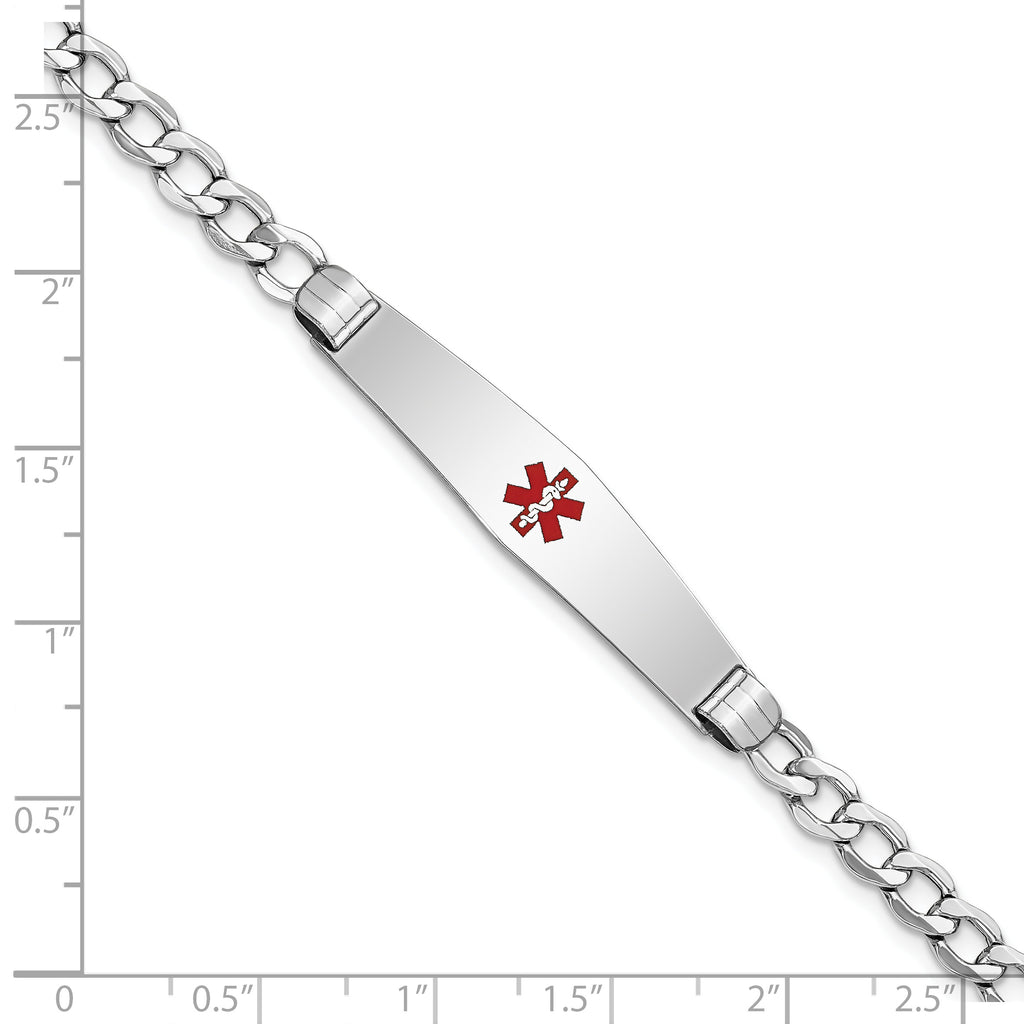 14K White Gold Medical Semi-Solid Chain/Solid Plate Soft Diamond Shape 36x9mm Centered Red Enamel Curb Link 8 inch ID Bracele