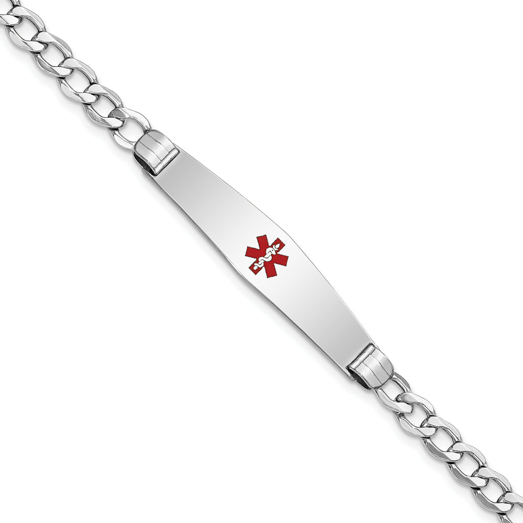 14K White Gold Medical Semi-Solid Chain/Solid Plate Soft Diamond Shape 36x9mm Centered Red Enamel Curb Link 8 inch ID Bracele