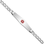 14K White Gold Medical Semi-Solid Chain/Solid Plate Soft Diamond Shape 36x9mm Centered Red Enamel Curb Link 8 inch ID Bracele