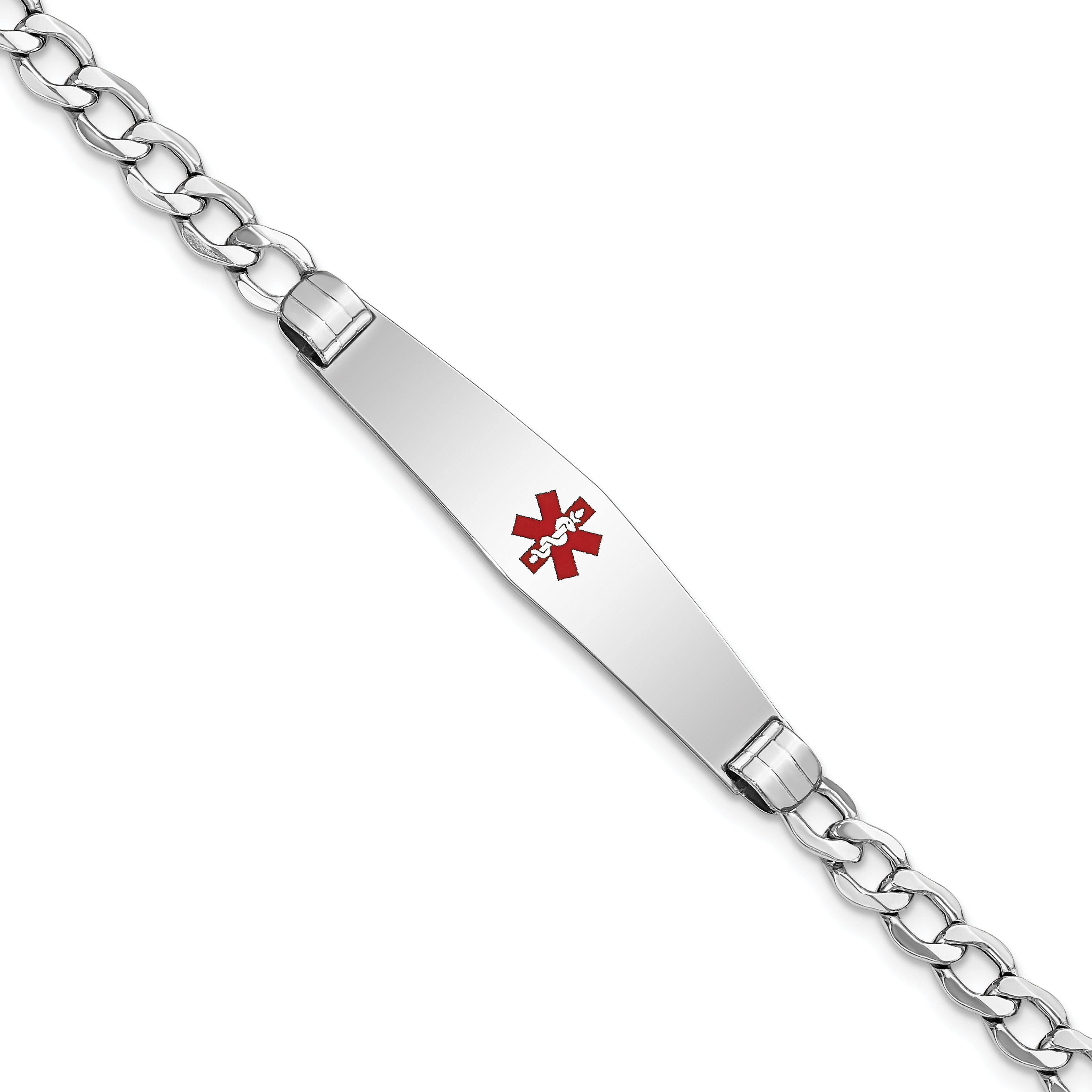 14K White Gold Medical Semi-Solid Chain/Solid Plate Soft Diamond Shape 36x9mm Centered Red Enamel Curb Link 8 inch ID Bracele