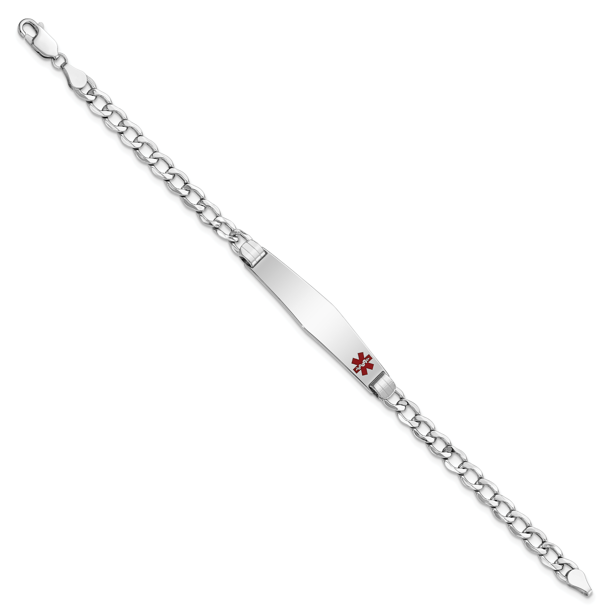 14K White Gold Medical Semi-Solid Chain/Solid Plate Soft Diamond Shape 37x9mm Off-Center Red Enamel Cuban Link 8 inch ID Bracelet Secondary image
