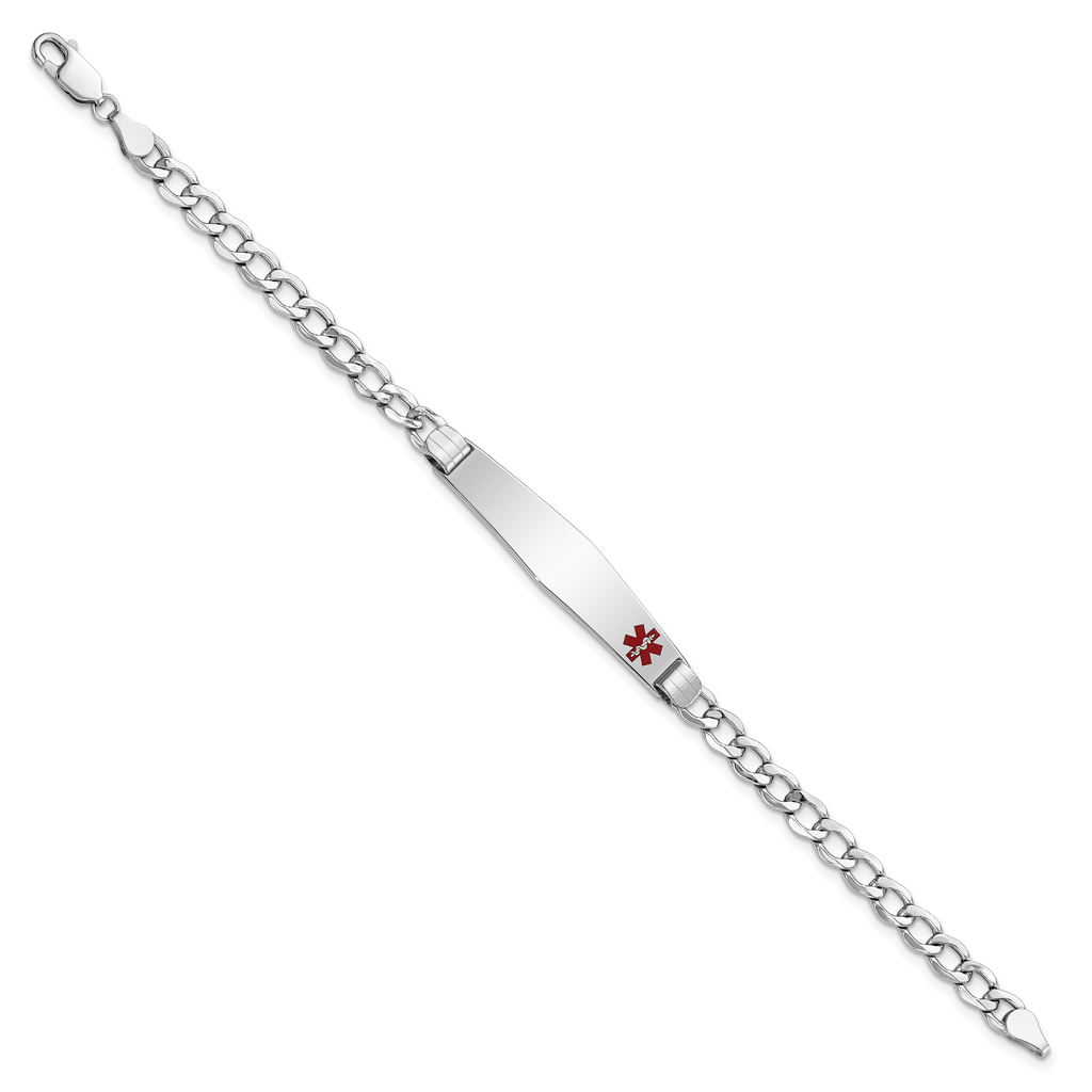 14K White Gold Medical Semi-Solid Chain/Solid Plate Soft Diamond Shape 37x9mm Off-Center Red Enamel Cuban Link 8 inch ID Brac