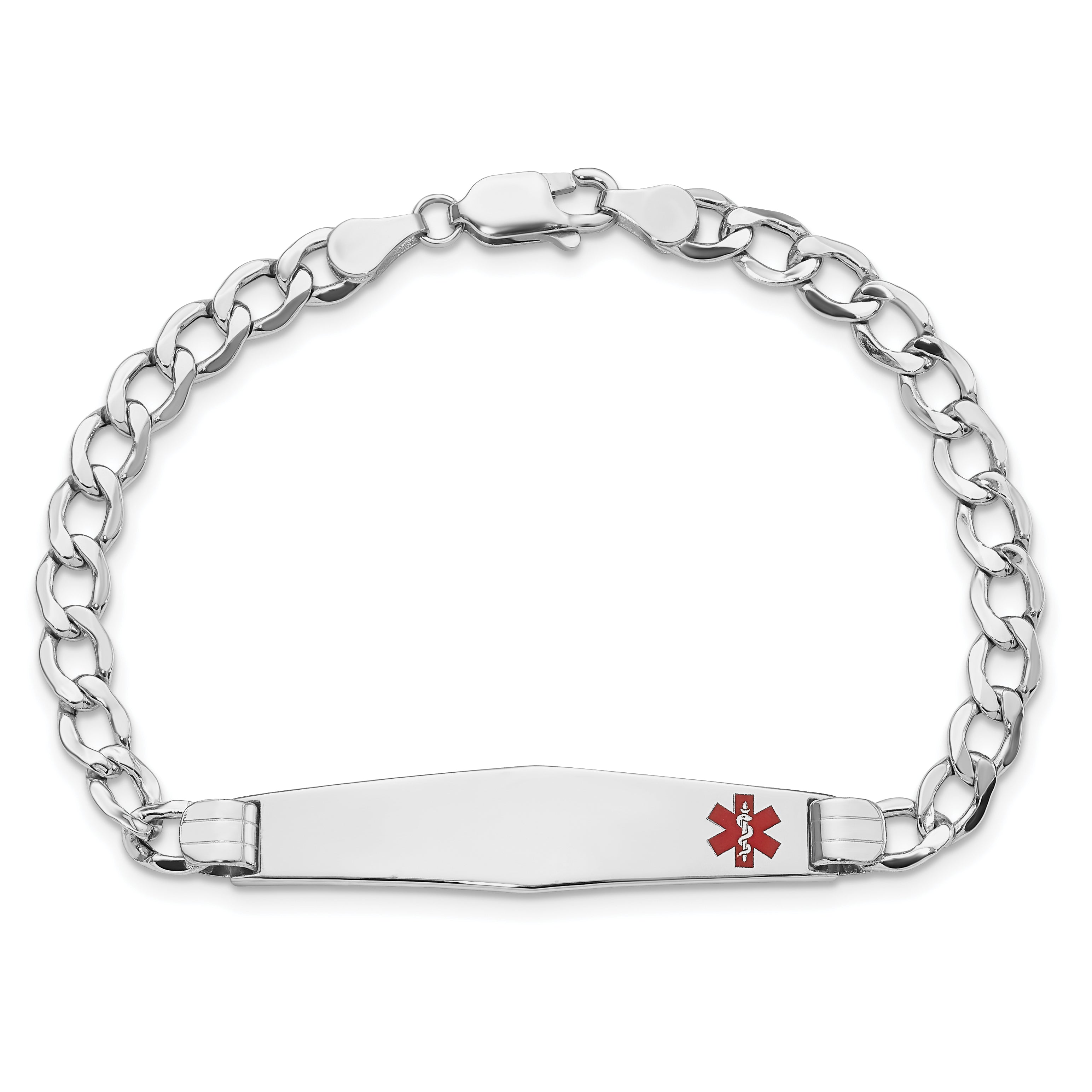 14K White Gold Medical Semi-Solid Chain/Solid Plate Soft Diamond Shape 37x9mm Off-Center Red Enamel Cuban Link 8 inch ID Brac